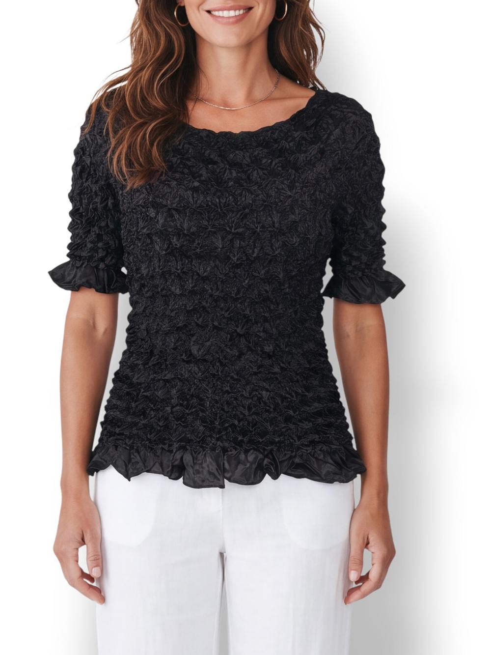 4/$20 Black Crinkle Stretch Ruffle Short Sleeve Top Medium